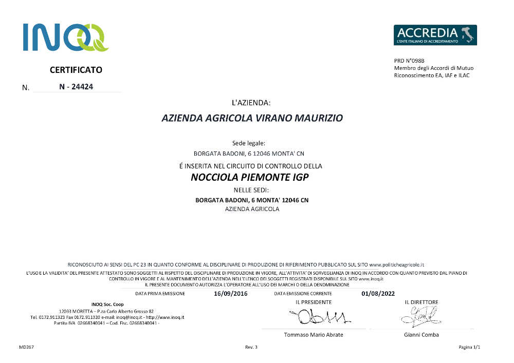 INOQ certificato 24424 azienda agricola Virano